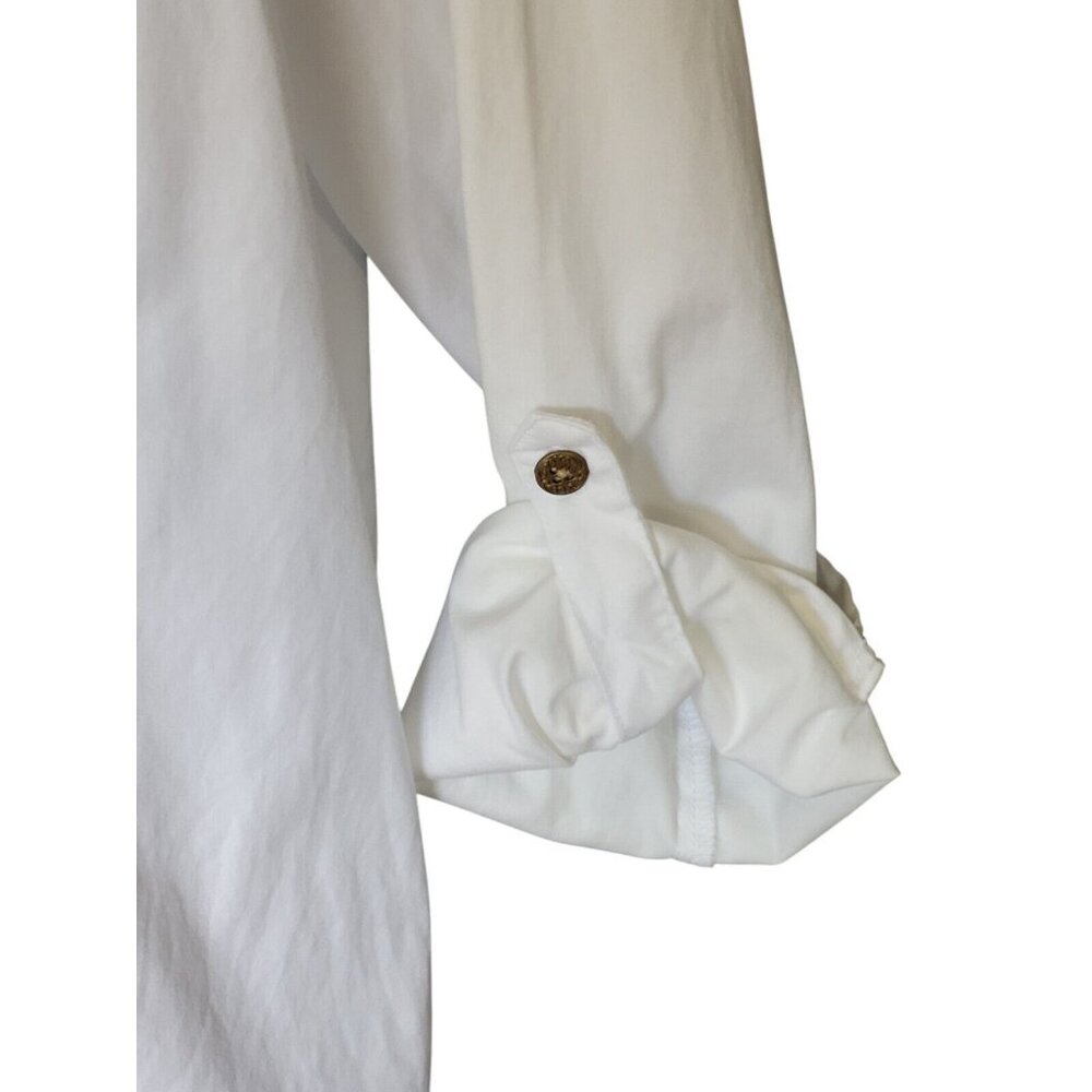 DENIM & CO Shirt Top Womens L White Long Roll Tab Button Front Collared Epaulet - Picture 4 of 9